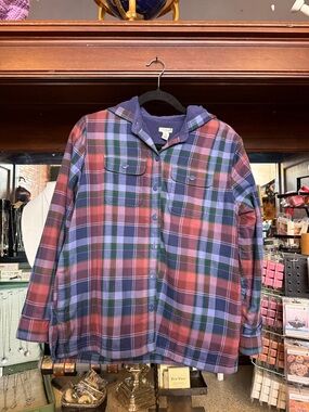 L.L. Bean Plaid Hooded Shirt Jacket in Red, Blue & Green